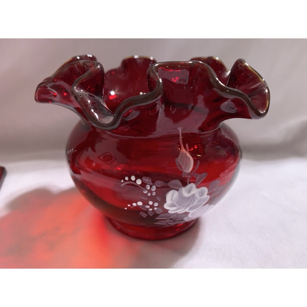 Vintage Fenton Glass Rose Bowl Vase Ruffle Top  Ruby Red White Flowers Signed